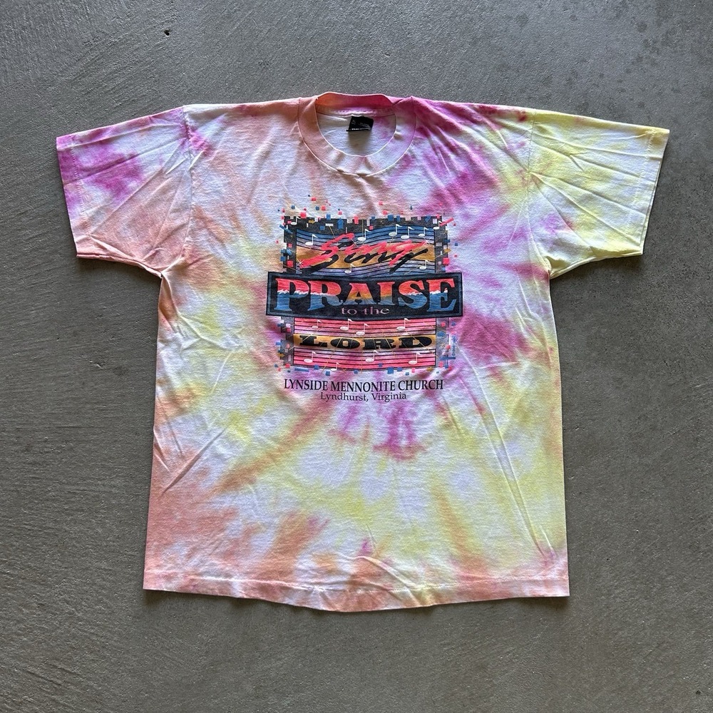 Vintage 90s Jesus Shirt Size XL Pink Tie Dye Praise God Lynside Mennonite Church